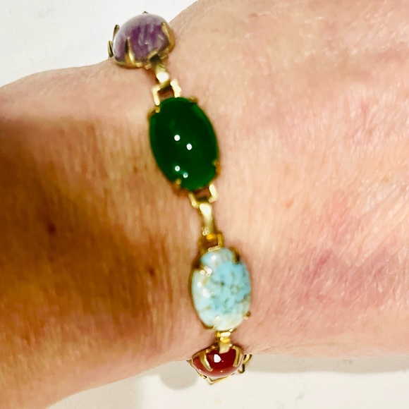 Vintage 1940s Gold-Filled Multi-Glass Cabochon Link Bracelet w/ Safety Chain - Picture 7 of 11